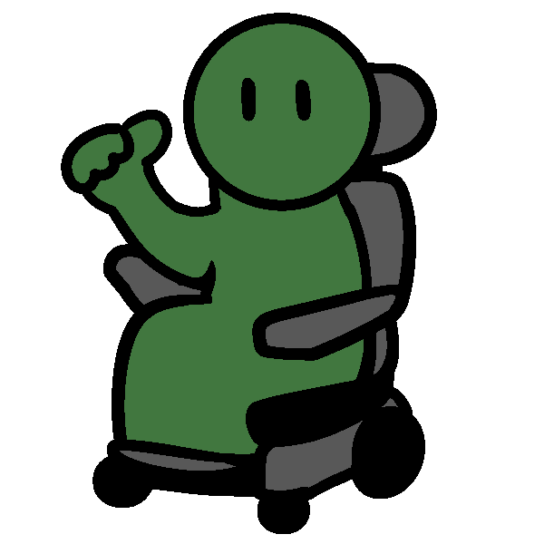 A green figure in a gray power chair pointing to themselves.